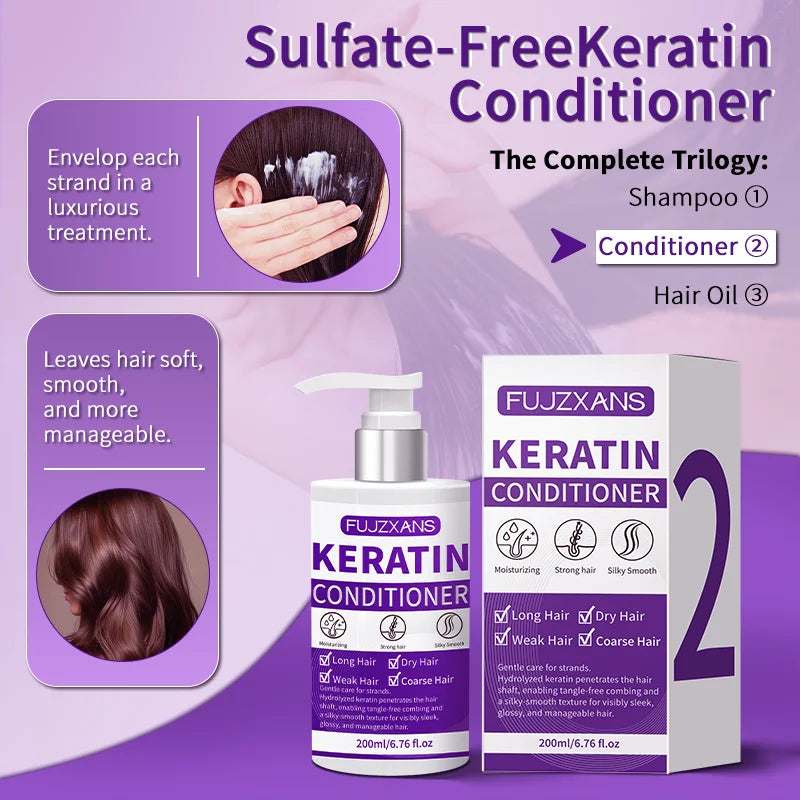3Pcs/Set Keratin Shampoo Conditioner and Batana Hair Oil Kit for Dry Damaged Hair Anti-Frizz Hydrating Hair Care Treatment