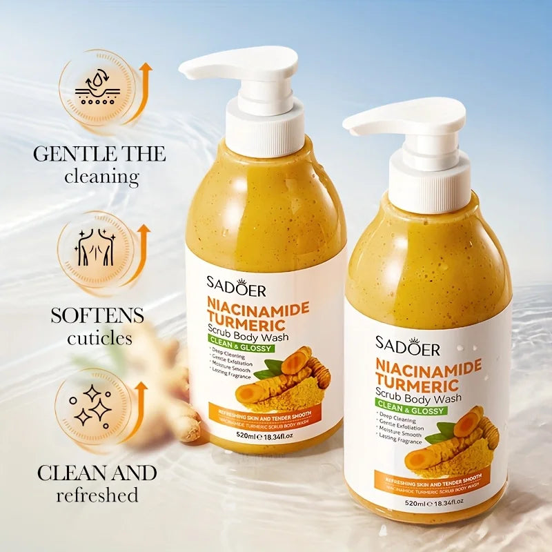 520Ml/Bottle Niacinamide Turmeric Scrub Shower Gel, Rich in Ingredients Such as Niacinamide and Turmeric Extract, with a Smooth and Delicate Scrub, Rich Foam, Gentle Bathing, Cleans Sweat and Other Dirt and Dead Skin Cells on the Body, Moisturizes, Brightens Skin Tone, Leaves Skin Clean and Fresh, Suitable for All Skin Types.