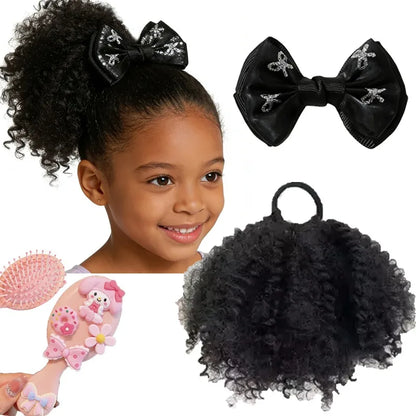 Kids Afro Kinky Curly High Puff Ponytail, Elastic Band Hair Extension + Bow Clip & Gentle Cushion Brush, Easy Wear for School