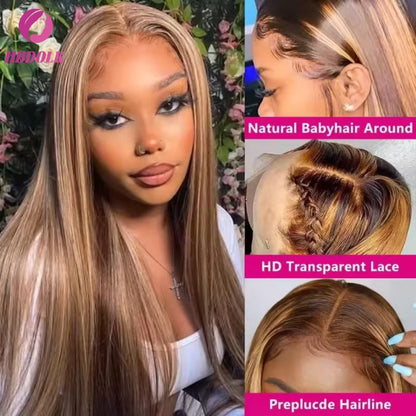 Ombre Honey Blonde 4/27 Highlight 5X5 13X4 Bone Straight Lace Front Wig Human Hair Pre Plucked with Baby Hair