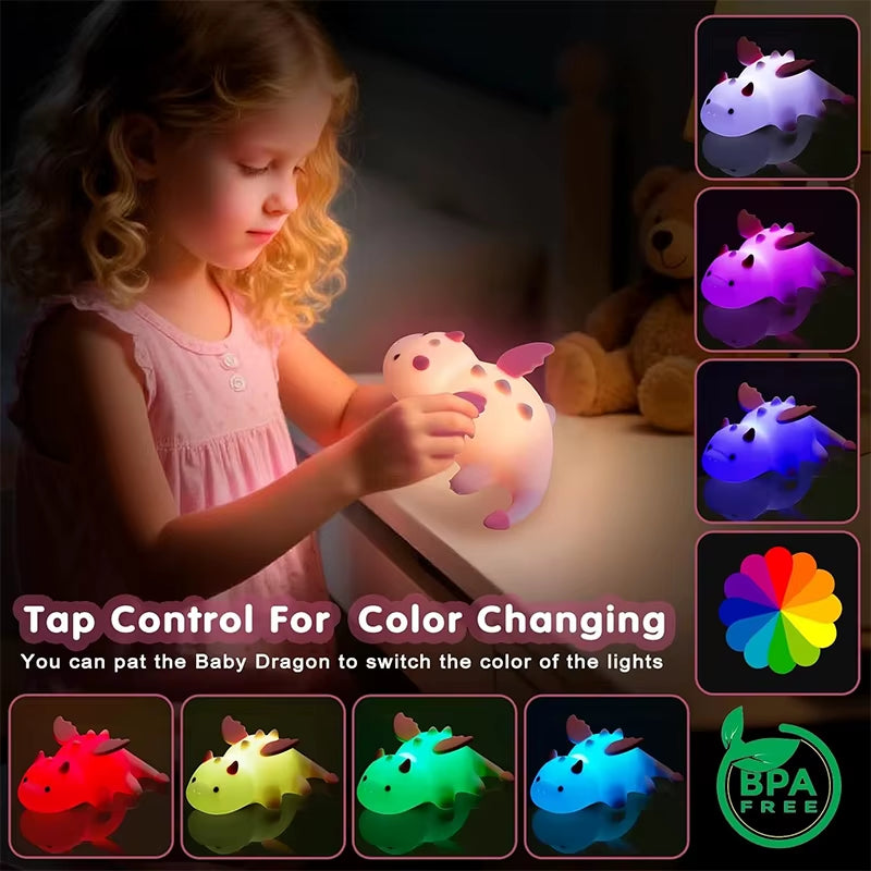 Enchanting Dragon Night Light for Kids - Rechargeable 7-Color Silicone Lamp with Magnetic Base & Timer for a Cozy Nursery