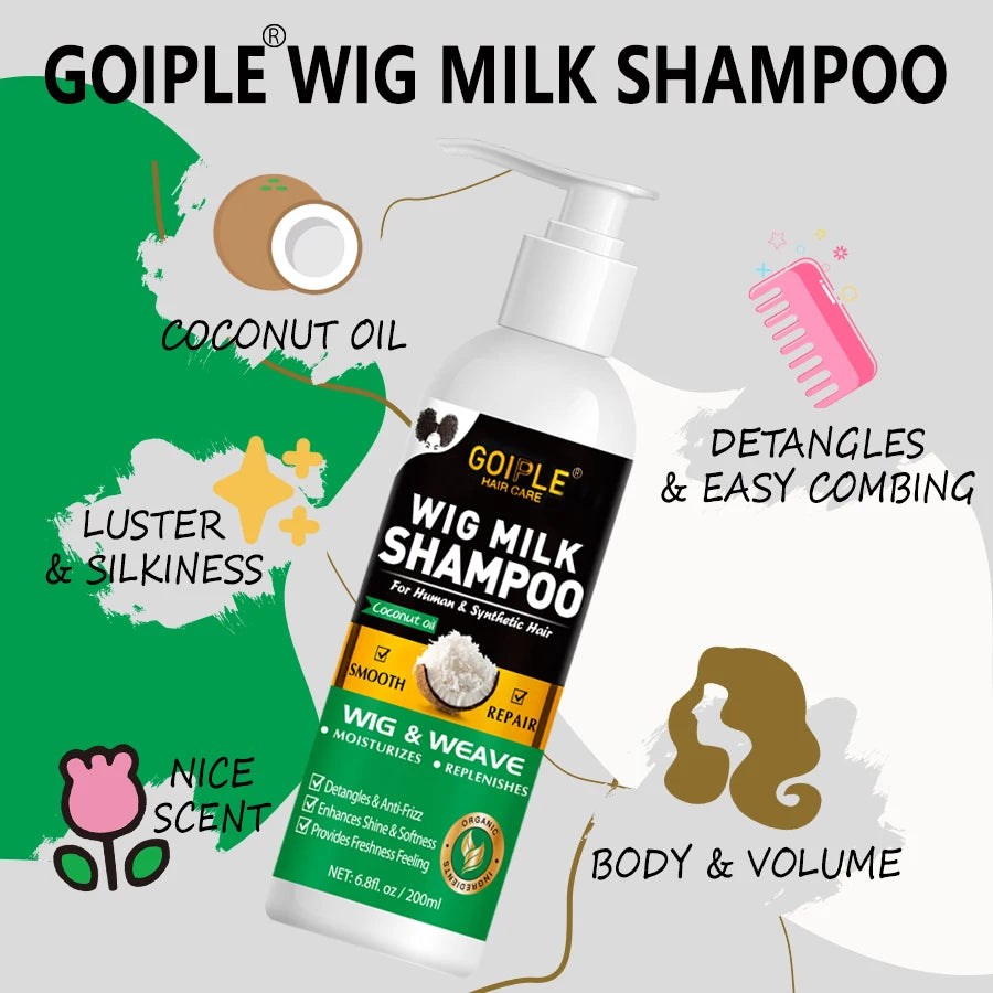 Natural Coconut Oil Wig Milk Shampoo Smooth Repair Moisturizes Frizzy Hair for Wigs Wave 2 in 1 Wig Wash Care Product