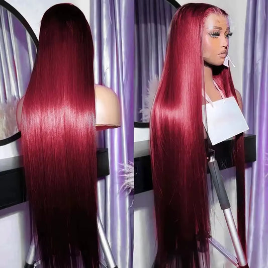 Straight 99J Burgundy Red Color Synthetic 13X4X1 HD Lace Frontal Wig for Women Prepucked Bleach Knots Glueless Wig Daily Party