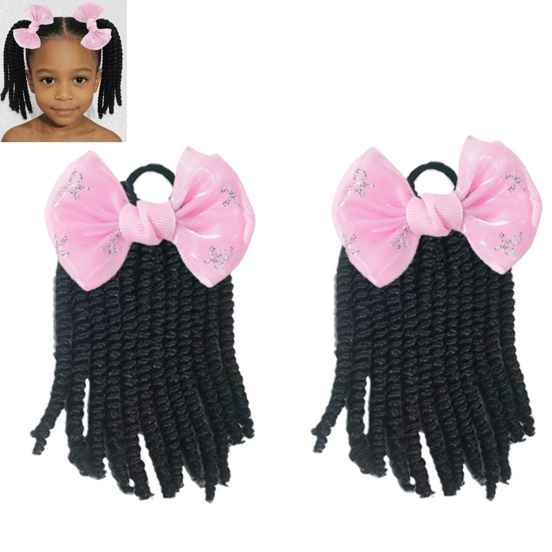 2Pcs Kids Bouncy Wand Curl Pigtail Extensions with Cute Bow, Spring Twist Scrunchie Ponytails for Black Girls Hair Accessories