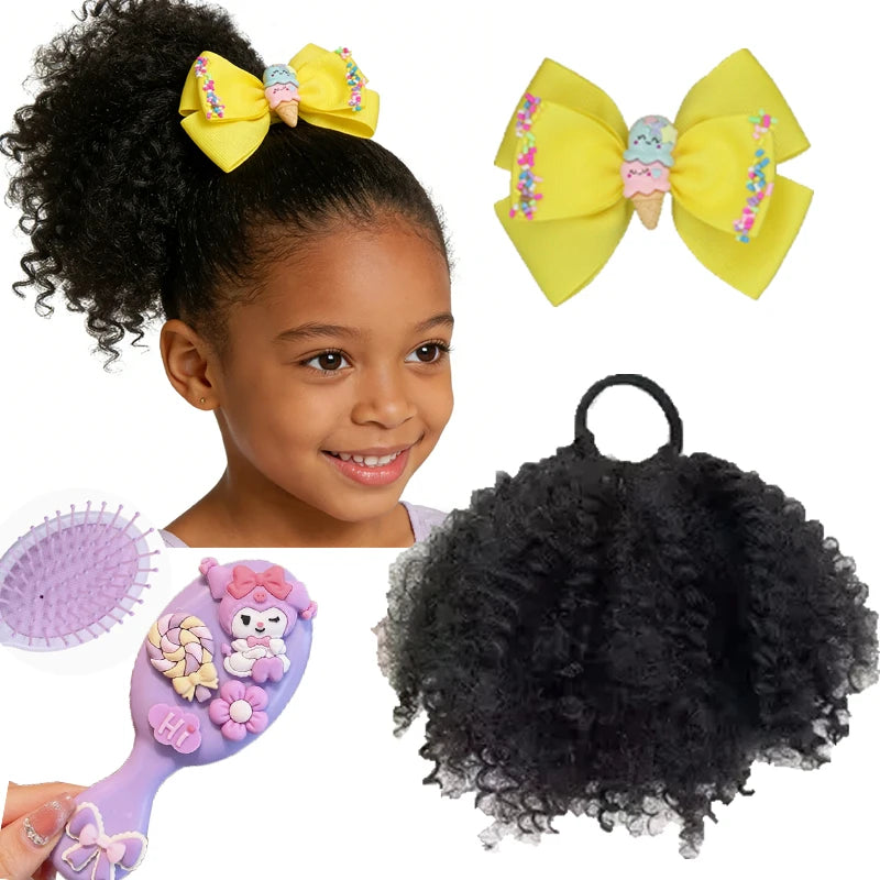 Kids Afro Kinky Curly High Puff Ponytail, Elastic Band Hair Extension + Bow Clip & Gentle Cushion Brush, Easy Wear for School