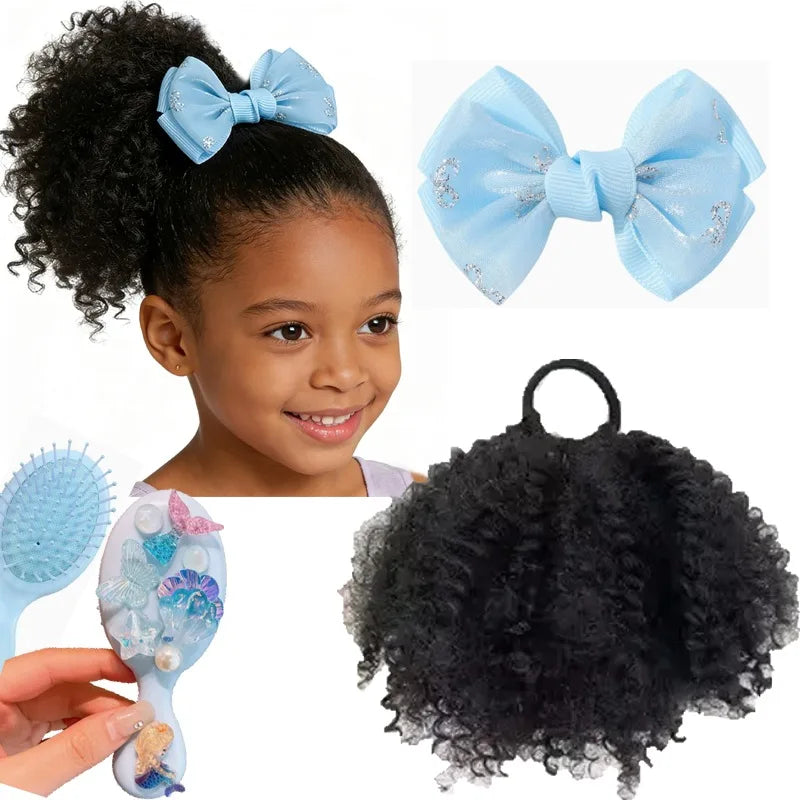 Kids Afro Kinky Curly High Puff Ponytail, Elastic Band Hair Extension + Bow Clip & Gentle Cushion Brush, Easy Wear for School