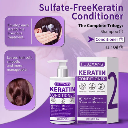3Pcs/Set Keratin Shampoo Conditioner and Batana Hair Oil Kit for Dry Damaged Hair Anti-Frizz Hydrating Hair Care Treatment