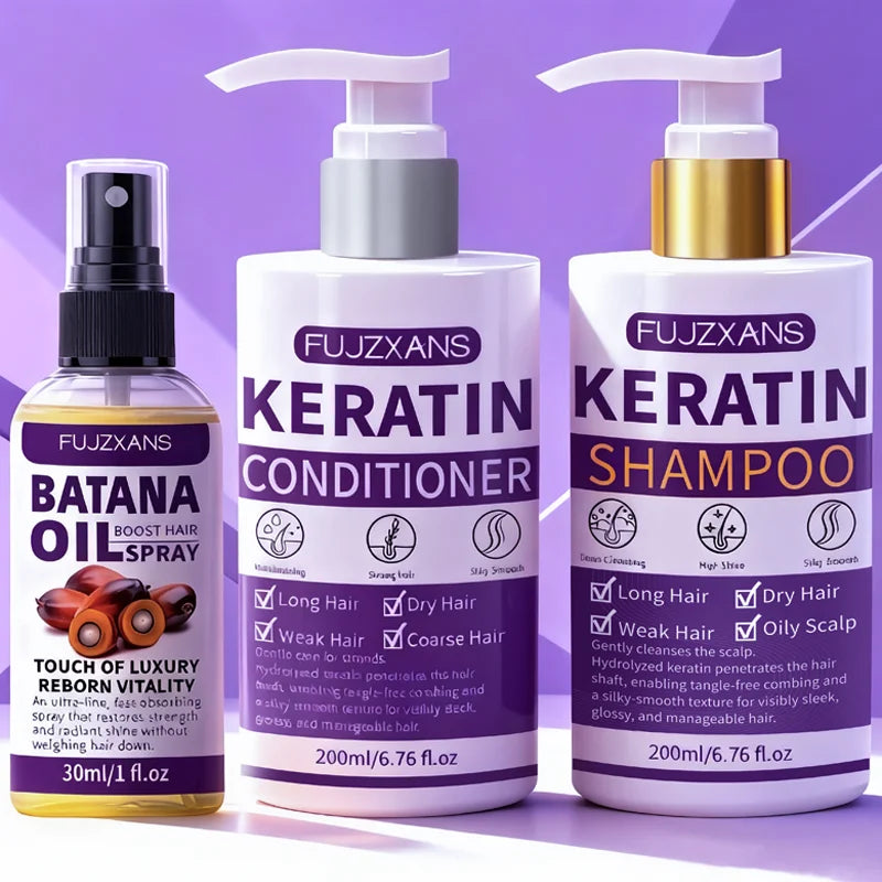 3Pcs/Set Keratin Shampoo Conditioner and Batana Hair Oil Kit for Dry Damaged Hair Anti-Frizz Hydrating Hair Care Treatment