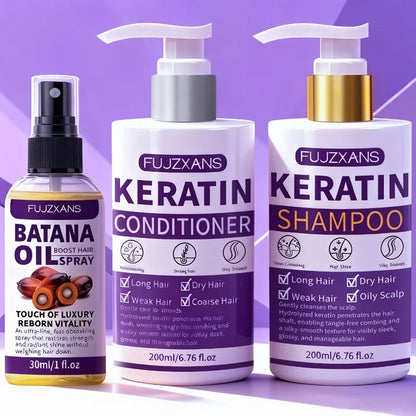 3Pcs/Set Keratin Shampoo Conditioner and Batana Hair Oil Kit for Dry Damaged Hair Anti-Frizz Hydrating Hair Care Treatment