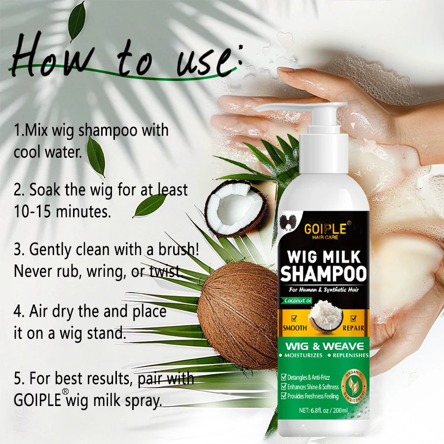 Natural Coconut Oil Wig Milk Shampoo Smooth Repair Moisturizes Frizzy Hair for Wigs Wave 2 in 1 Wig Wash Care Product