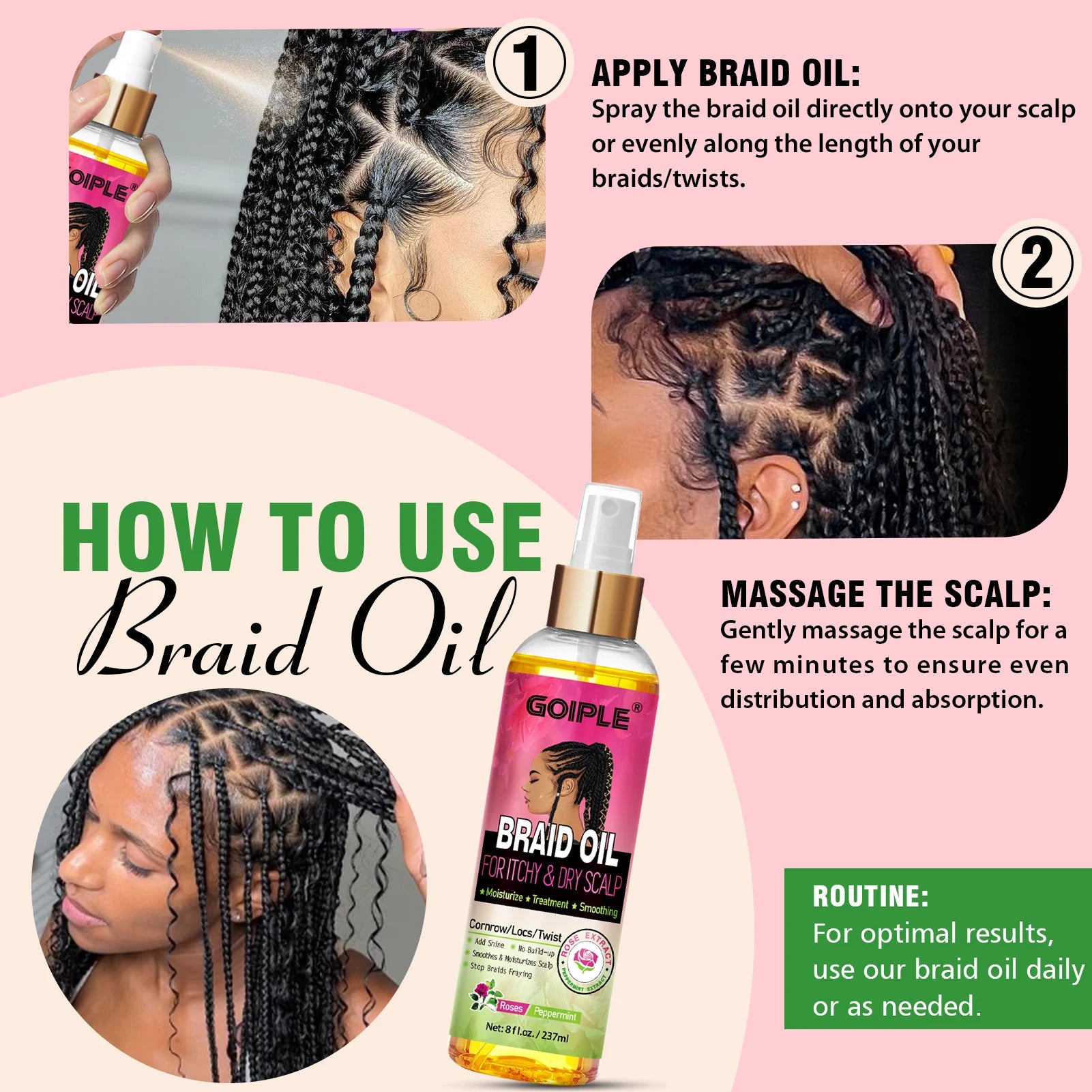 Natural Rose Extract Braid Oil for Itchy Dry Scalp Cornrow Locs Twist Add Shine Smoothes Moisturizes Hair Care Oil