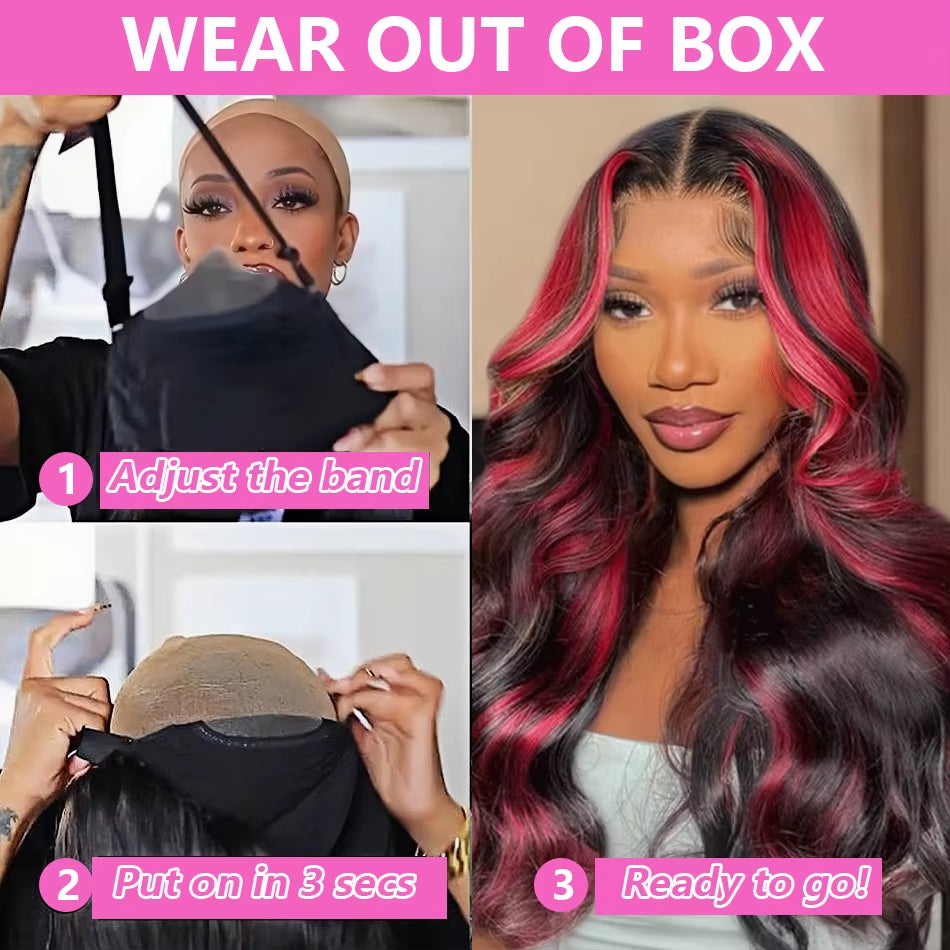 Ombre Red with Blonde Highlights Body Wave 5X5 Glueless Wigs Human Hair Burgundy for Women Pre Plucked 200 Density Colored Wig