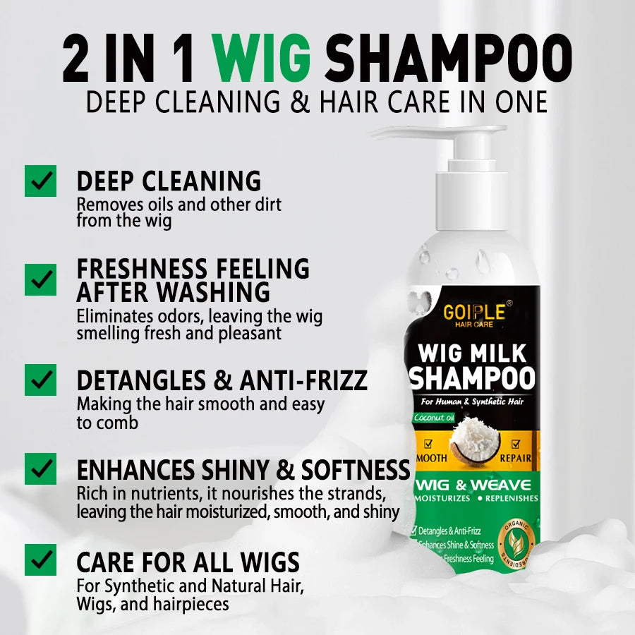 Natural Coconut Oil Wig Milk Shampoo Smooth Repair Moisturizes Frizzy Hair for Wigs Wave 2 in 1 Wig Wash Care Product