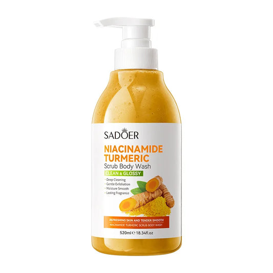 520Ml/Bottle Niacinamide Turmeric Scrub Shower Gel, Rich in Ingredients Such as Niacinamide and Turmeric Extract, with a Smooth and Delicate Scrub, Rich Foam, Gentle Bathing, Cleans Sweat and Other Dirt and Dead Skin Cells on the Body, Moisturizes, Brightens Skin Tone, Leaves Skin Clean and Fresh, Suitable for All Skin Types.
