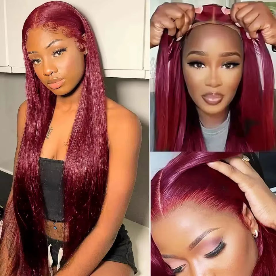 Straight 99J Burgundy Red Color Synthetic 13X4X1 HD Lace Frontal Wig for Women Prepucked Bleach Knots Glueless Wig Daily Party