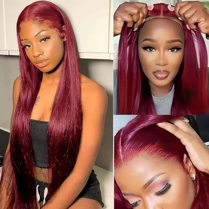 Straight 99J Burgundy Red Color Synthetic 13X4X1 HD Lace Frontal Wig for Women Prepucked Bleach Knots Glueless Wig Daily Party