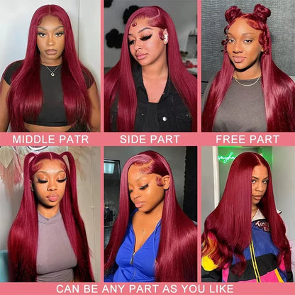 Straight 99J Burgundy Red Color Synthetic 13X4X1 HD Lace Frontal Wig for Women Prepucked Bleach Knots Glueless Wig Daily Party