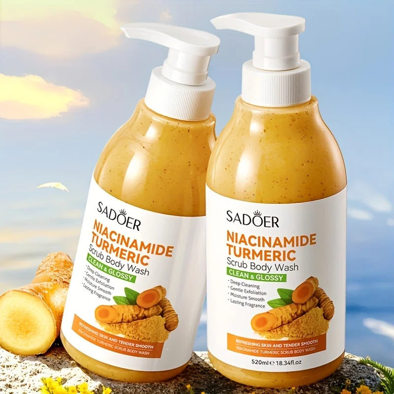 520Ml/Bottle Niacinamide Turmeric Scrub Shower Gel, Rich in Ingredients Such as Niacinamide and Turmeric Extract, with a Smooth and Delicate Scrub, Rich Foam, Gentle Bathing, Cleans Sweat and Other Dirt and Dead Skin Cells on the Body, Moisturizes, Brightens Skin Tone, Leaves Skin Clean and Fresh, Suitable for All Skin Types.