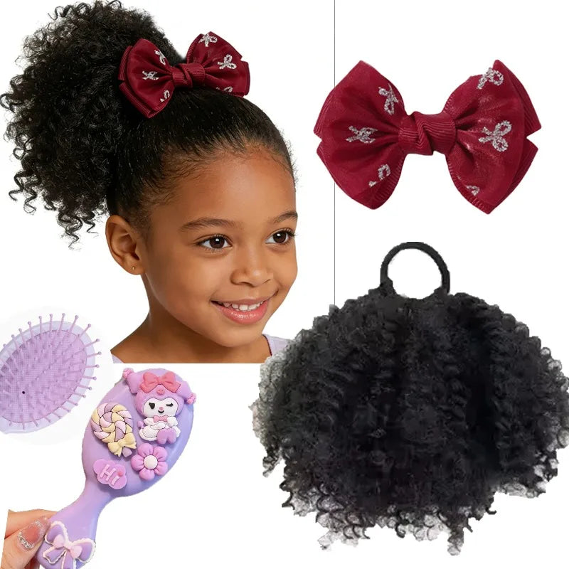 Kids Afro Kinky Curly High Puff Ponytail, Elastic Band Hair Extension + Bow Clip & Gentle Cushion Brush, Easy Wear for School