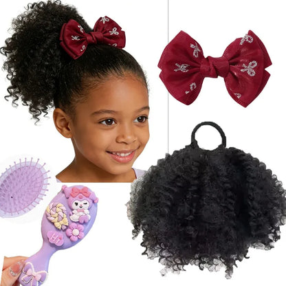 Kids Afro Kinky Curly High Puff Ponytail, Elastic Band Hair Extension + Bow Clip & Gentle Cushion Brush, Easy Wear for School