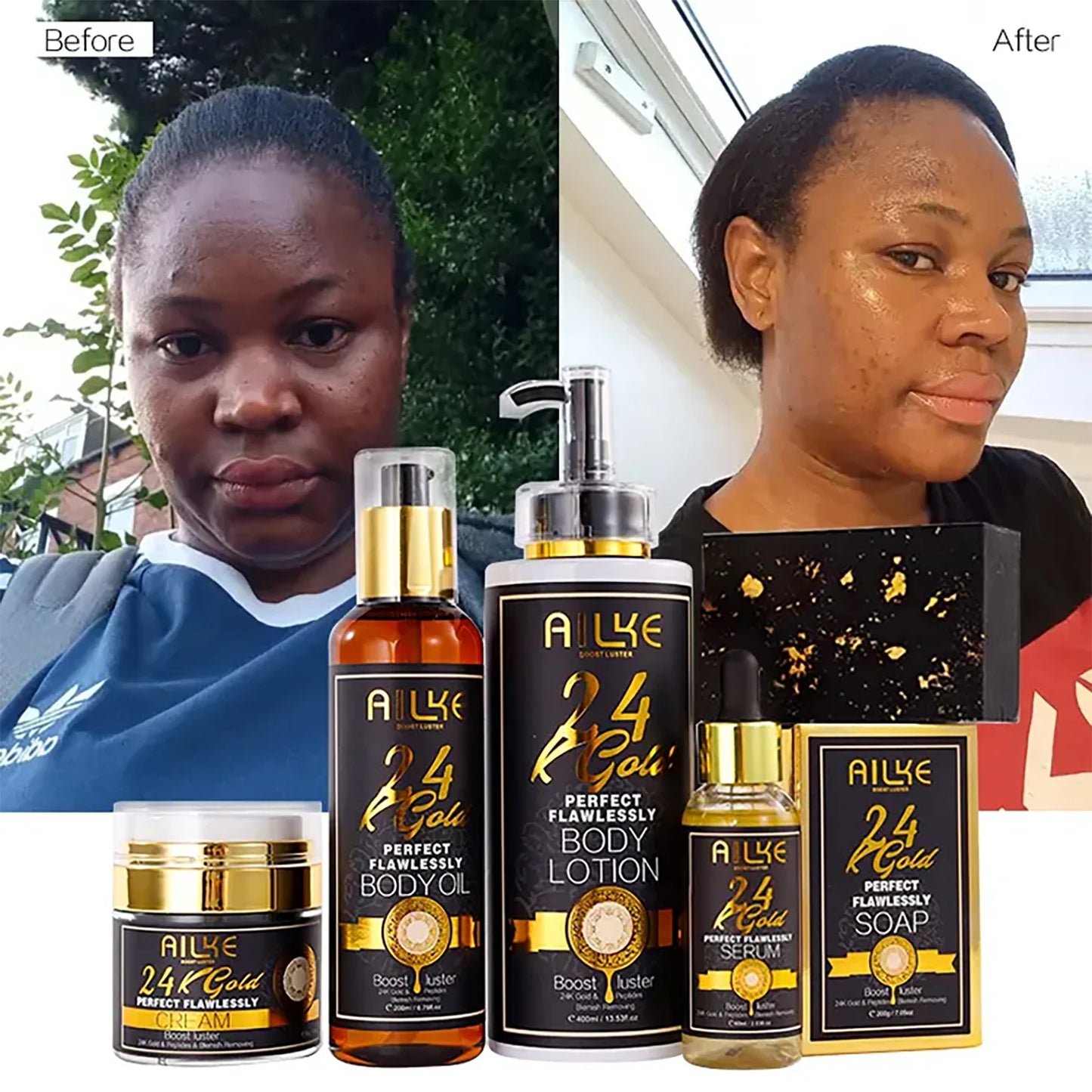 24K Whitening Skin Set, Lightening, Remove Black Spots, Melanin, Stains, Even Skin Tone, Moisturizing, for All Skin Types