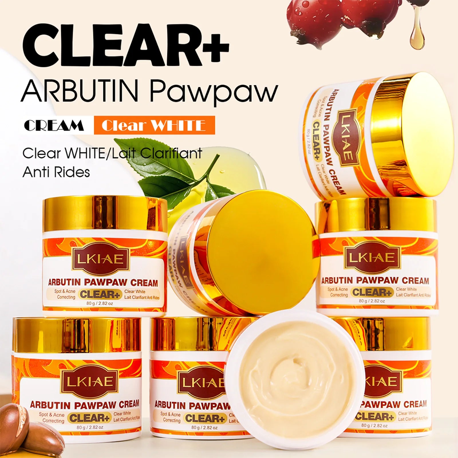 LKIAE Arbutin Pawpaw Face Cream for Women, Black Spots & Acne Correcting, Lightening Skin, Easily Absorbed, Lightweight, 80Ml