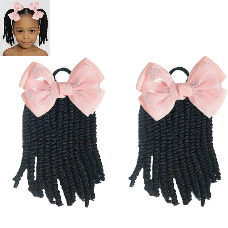 2Pcs Kids Bouncy Wand Curl Pigtail Extensions with Cute Bow, Spring Twist Scrunchie Ponytails for Black Girls Hair Accessories