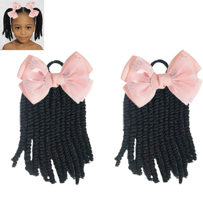 2Pcs Kids Bouncy Wand Curl Pigtail Extensions with Cute Bow, Spring Twist Scrunchie Ponytails for Black Girls Hair Accessories