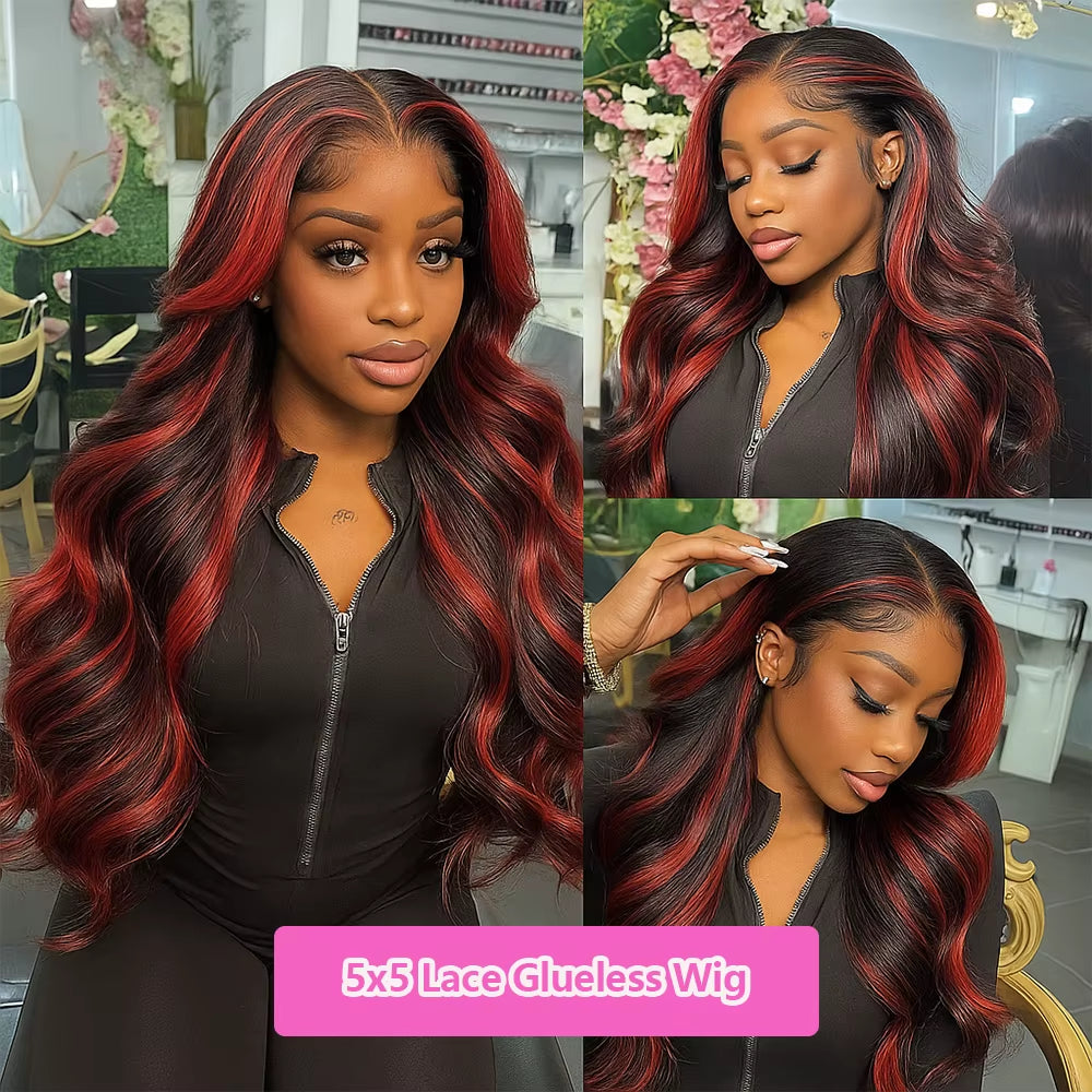 Ombre Red with Blonde Highlights Body Wave 5X5 Glueless Wigs Human Hair Burgundy for Women Pre Plucked 200 Density Colored Wig