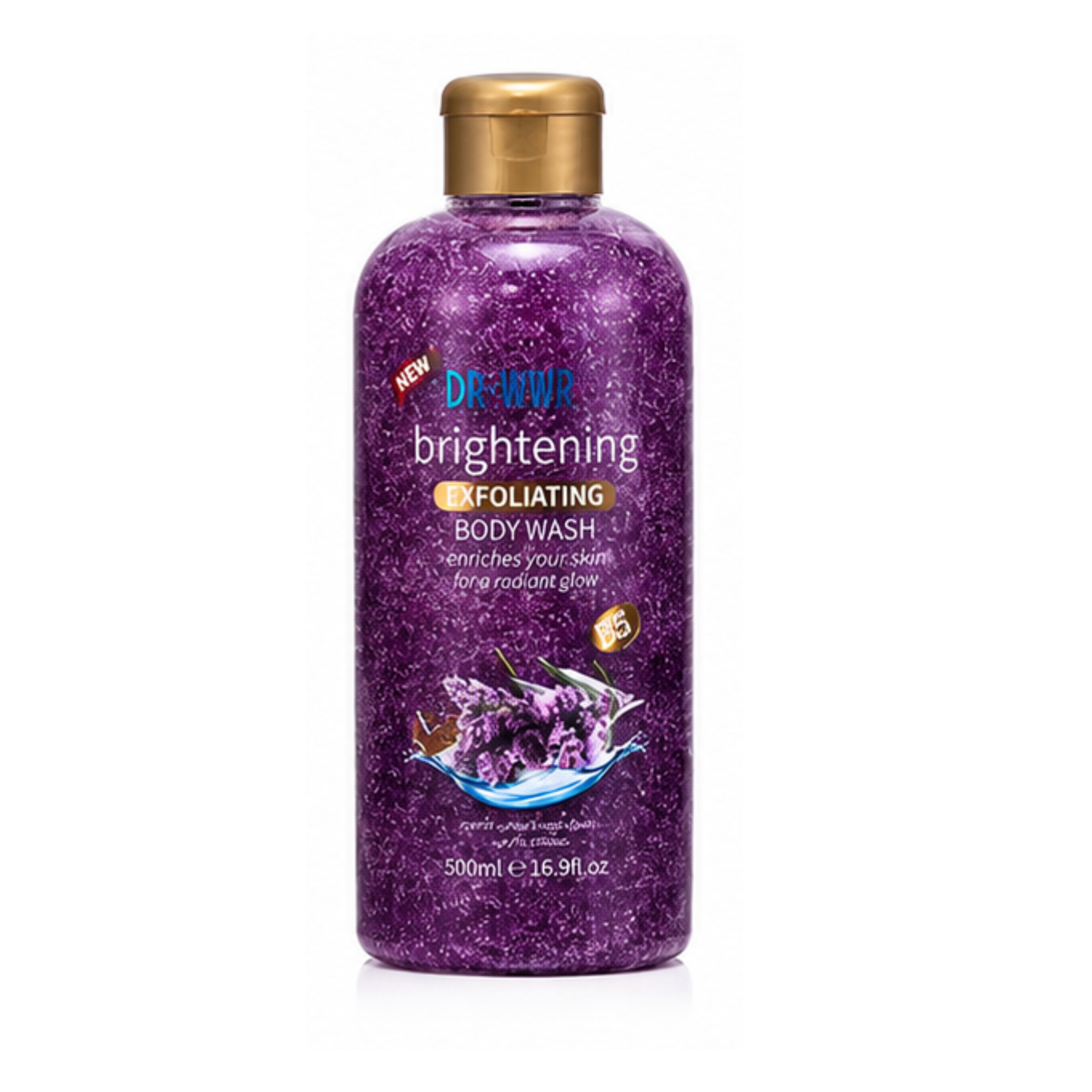 Purple bottle of Dr. Vind Brightening Exfoliating Body Wash with gold cap on white background