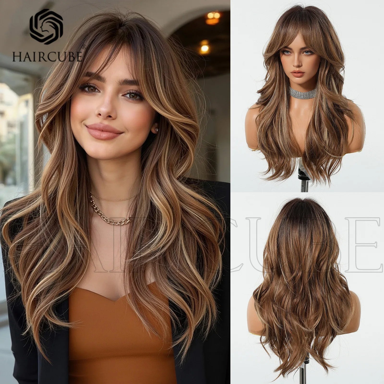 Elevate Your Look with Our Brown Wavy Wig for Women - Long Natural Synthetic Hair with Bangs for Daily Wear and Cosplay