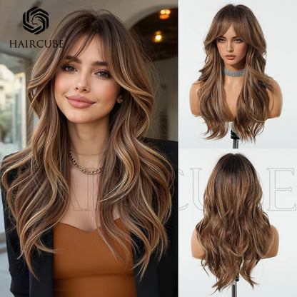 Elevate Your Look with Our Brown Wavy Wig for Women - Long Natural Synthetic Hair with Bangs for Daily Wear and Cosplay