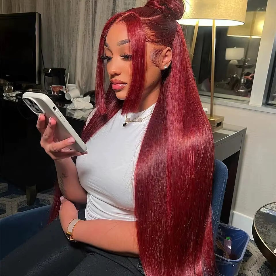 Straight 99J Burgundy Red Color Synthetic 13X4X1 HD Lace Frontal Wig for Women Prepucked Bleach Knots Glueless Wig Daily Party