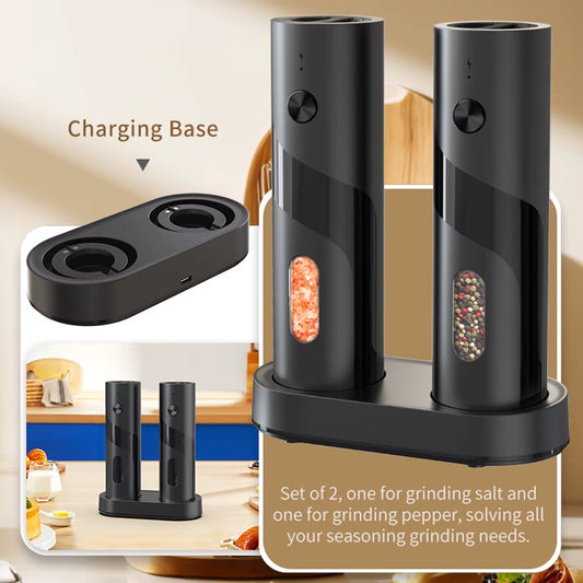 2PCS Electric Salt and Pepper Grinder Rechargeable Spice Grinders Set 110Ml Capacity Automatic Pepper Mills with Charging Base