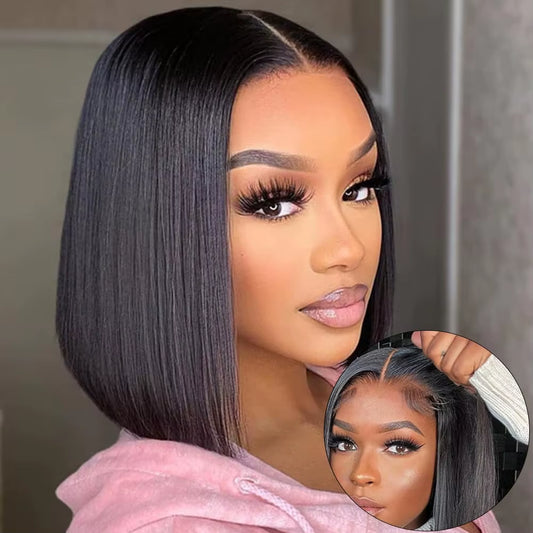 Wear and Go Glueless Wigs Human Hair Bob Straight Pre Cut Lace Front Wigs Human Hair Upgraded No Glue Lace Front Wigs for Women