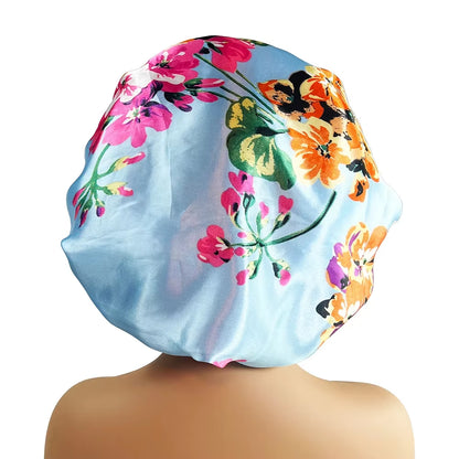 Hair Cap Silk Satin Bonnet Large Sleeping Satin Bonnet Flower Print Elastic Band High Density Women Braids Curly Night Hat