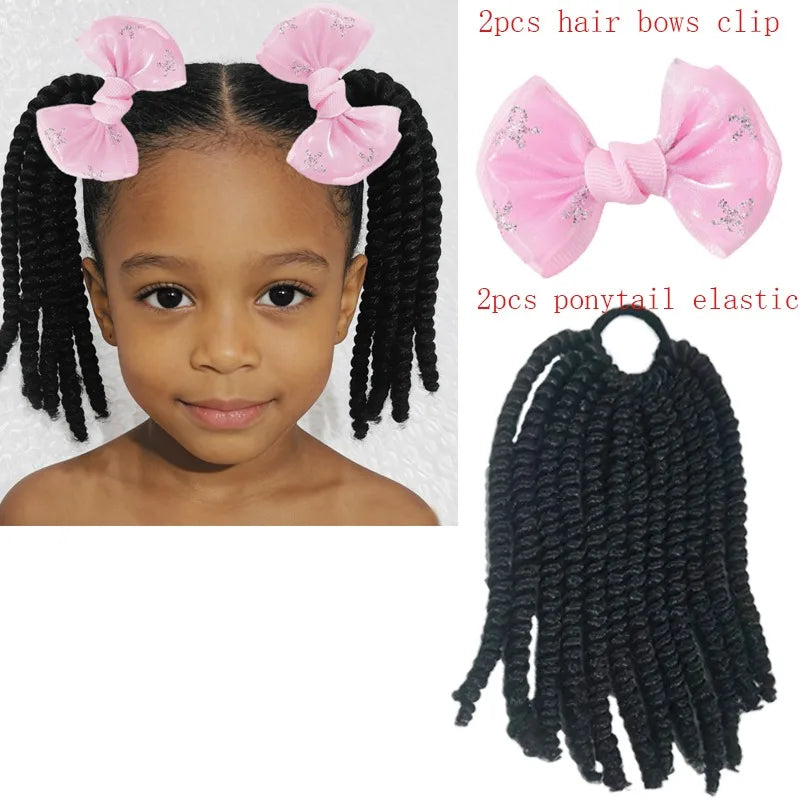 2Pcs Kids Bouncy Wand Curl Pigtail Extensions with Cute Bow, Spring Twist Scrunchie Ponytails for Black Girls Hair Accessories