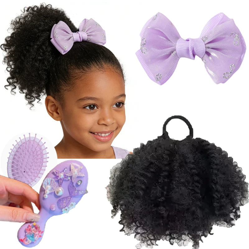 Kids Afro Kinky Curly High Puff Ponytail, Elastic Band Hair Extension + Bow Clip & Gentle Cushion Brush, Easy Wear for School