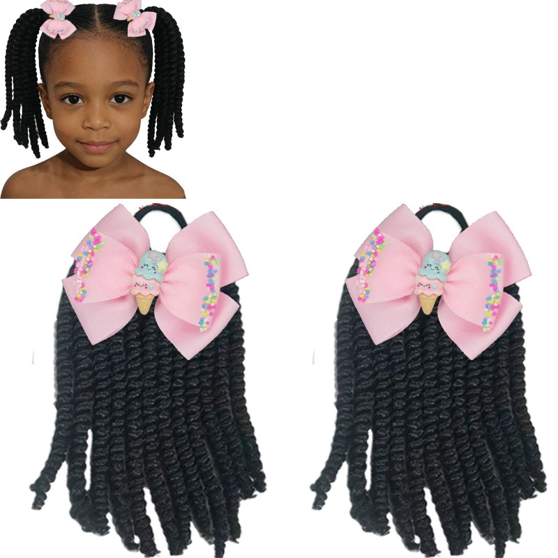 2Pcs Kids Bouncy Wand Curl Pigtail Extensions with Cute Bow, Spring Twist Scrunchie Ponytails for Black Girls Hair Accessories