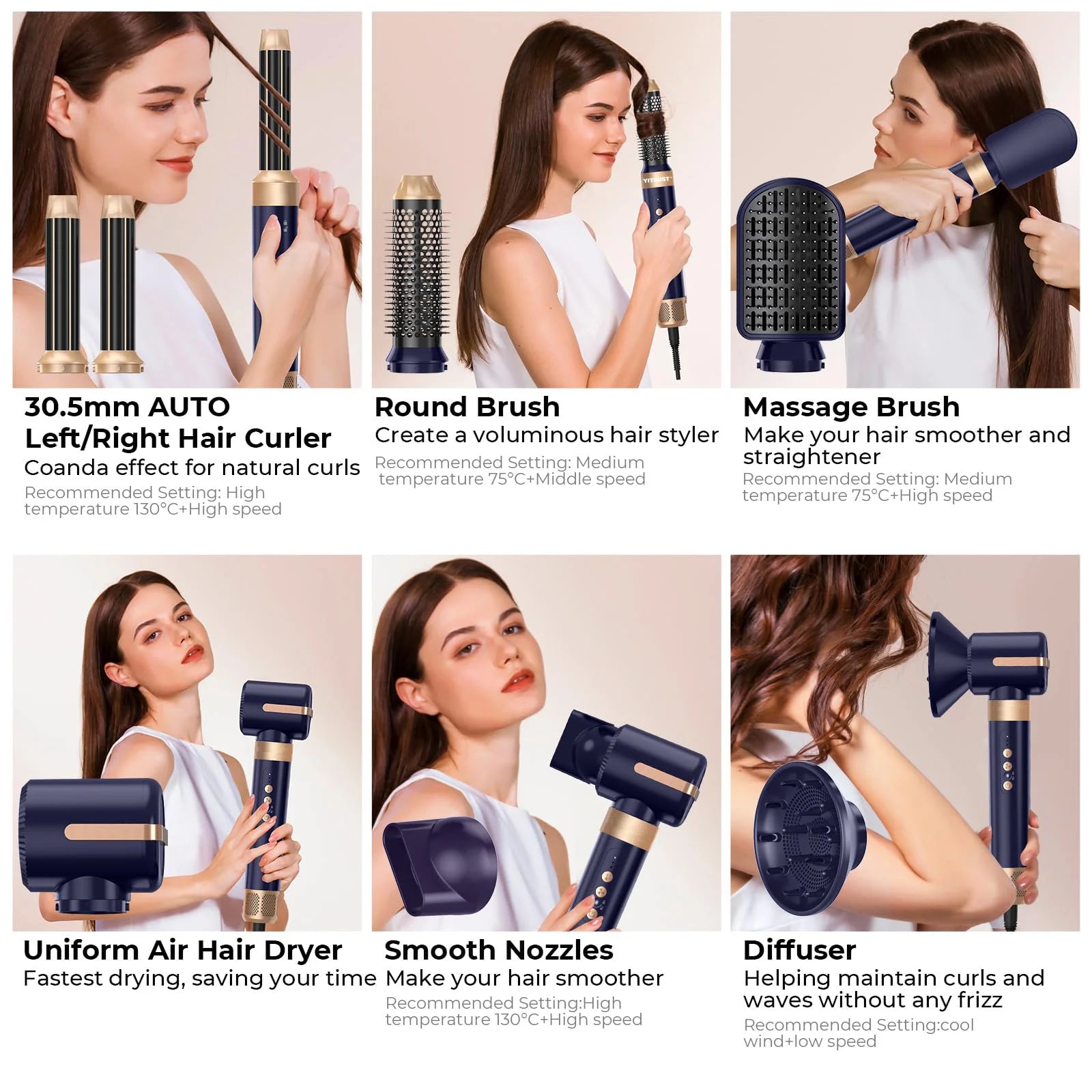 Hair Dryer Brush 7 in 1, Air Styler Set with Curling Iron, round Brush, Straightener for Women