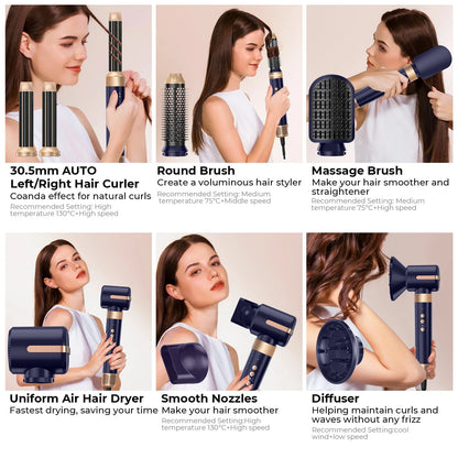 Hair Dryer Brush 7 in 1, Air Styler Set with Curling Iron, round Brush, Straightener for Women