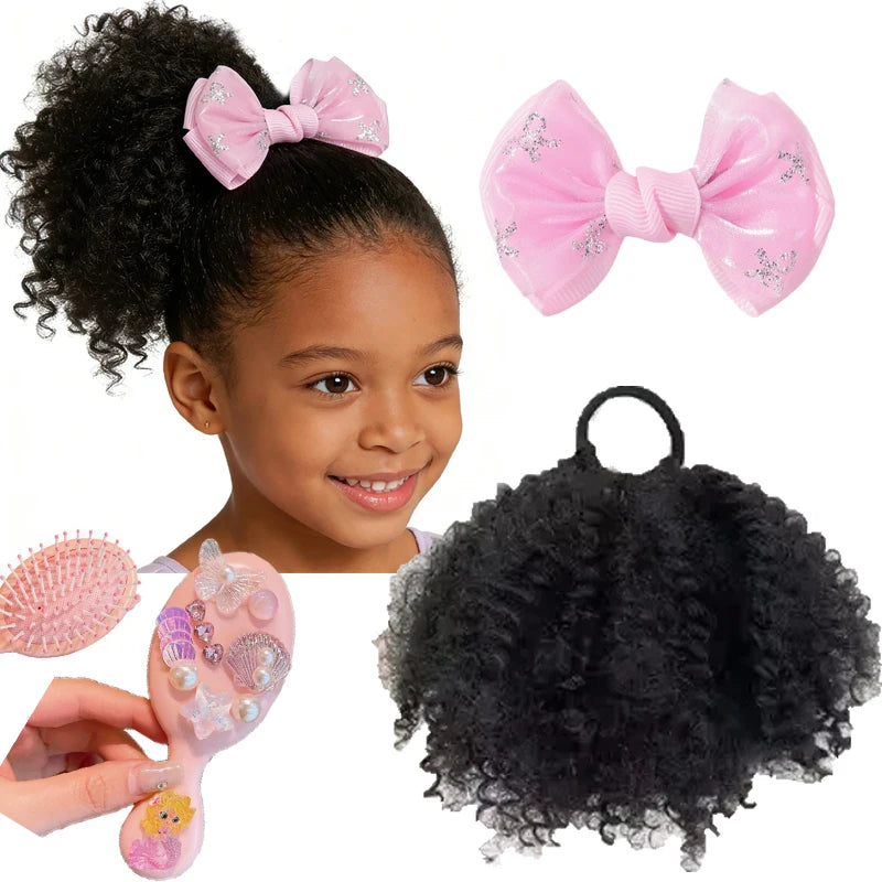 Kids Afro Kinky Curly High Puff Ponytail, Elastic Band Hair Extension + Bow Clip & Gentle Cushion Brush, Easy Wear for School