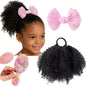 Kids Afro Kinky Curly High Puff Ponytail, Elastic Band Hair Extension + Bow Clip & Gentle Cushion Brush, Easy Wear for School