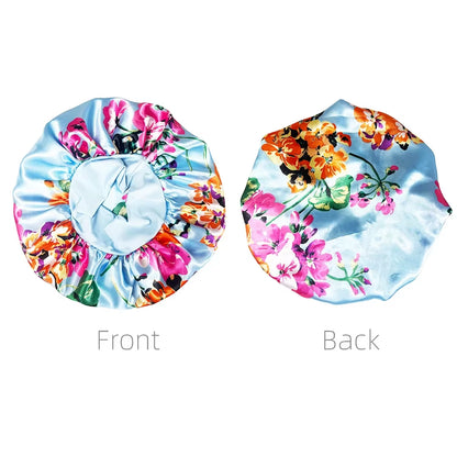 Hair Cap Silk Satin Bonnet Large Sleeping Satin Bonnet Flower Print Elastic Band High Density Women Braids Curly Night Hat