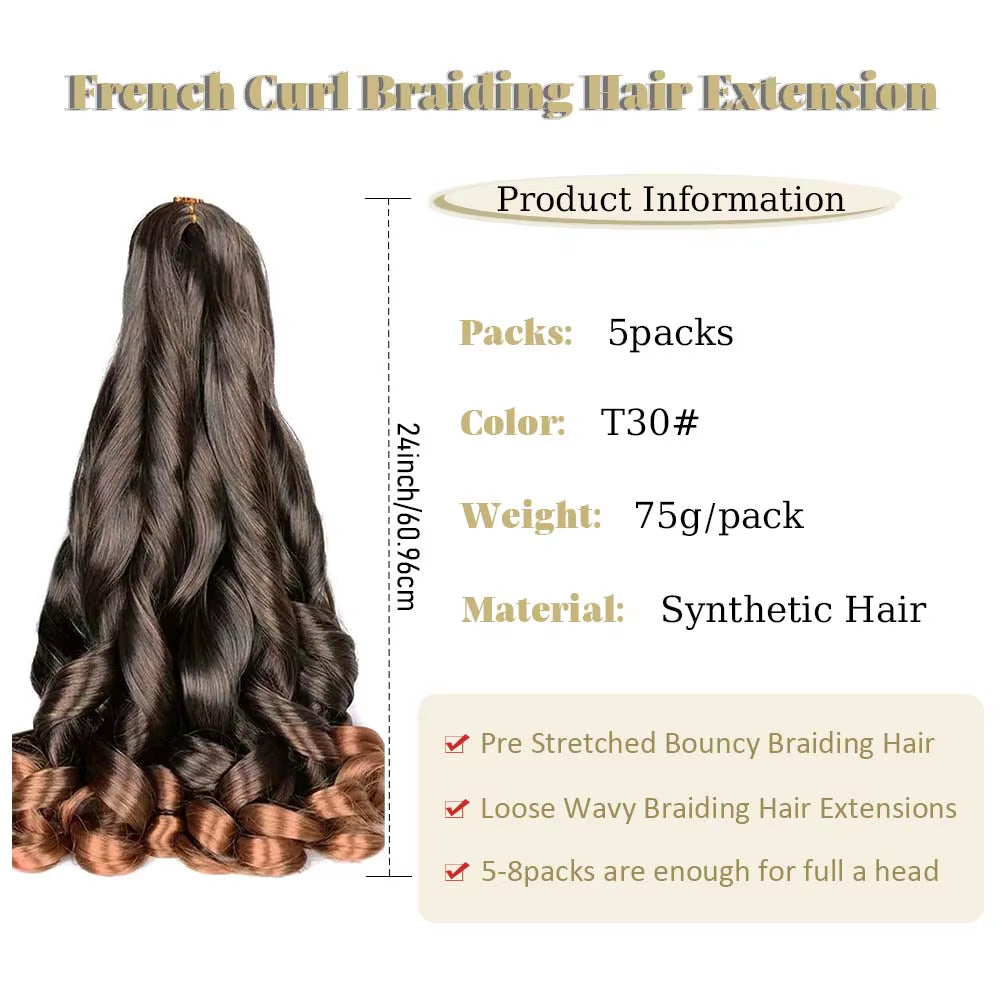 Elevate Your Style with 24-Inch Synthetic French Curls Crochet Hair - Pre-Stretched Loose Wave Braiding Hair in Ombre Colors
