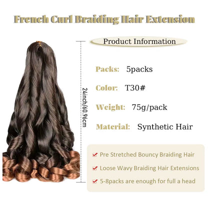 Elevate Your Style with 24-Inch Synthetic French Curls Crochet Hair - Pre-Stretched Loose Wave Braiding Hair in Ombre Colors