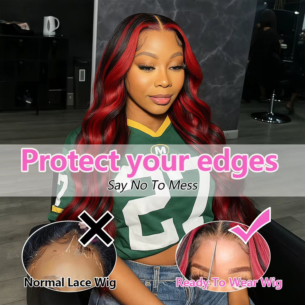 Ombre Red with Blonde Highlights Body Wave 5X5 Glueless Wigs Human Hair Burgundy for Women Pre Plucked 200 Density Colored Wig