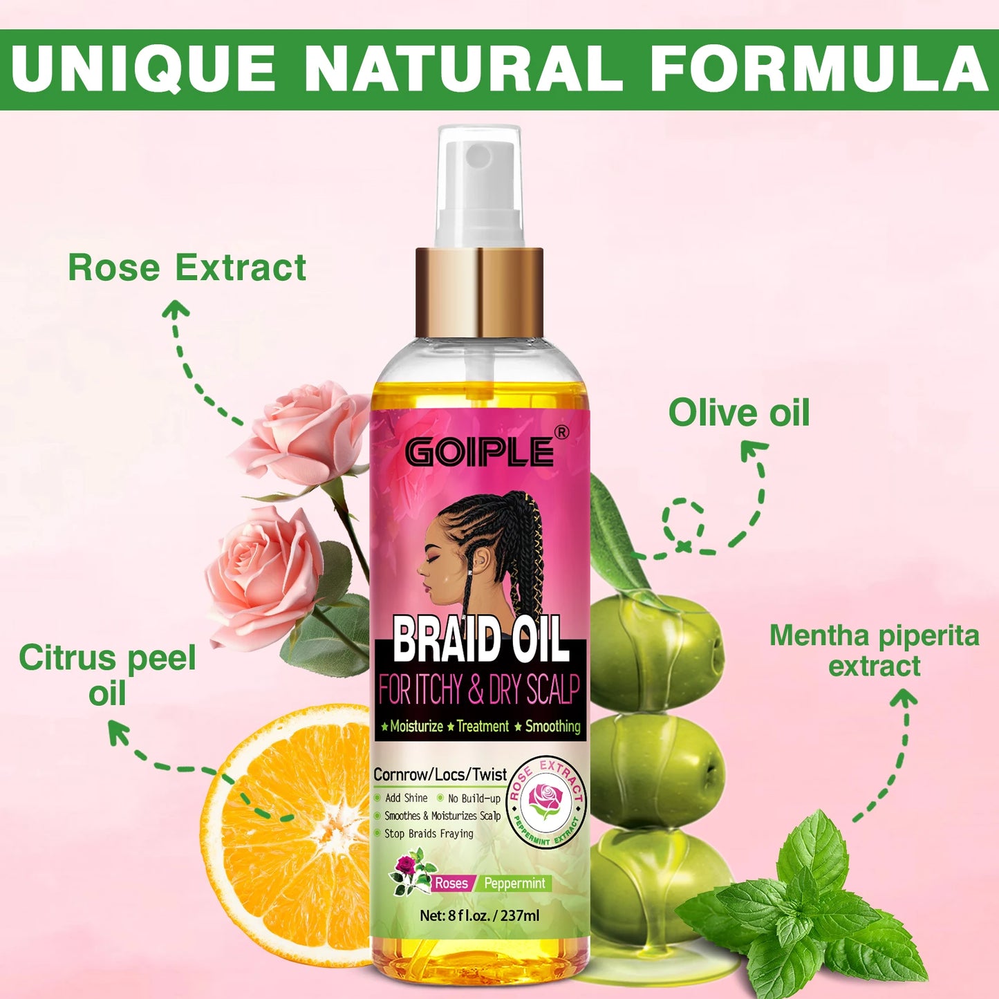 Natural Rose Extract Braid Oil for Itchy Dry Scalp Cornrow Locs Twist Add Shine Smoothes Moisturizes Hair Care Oil