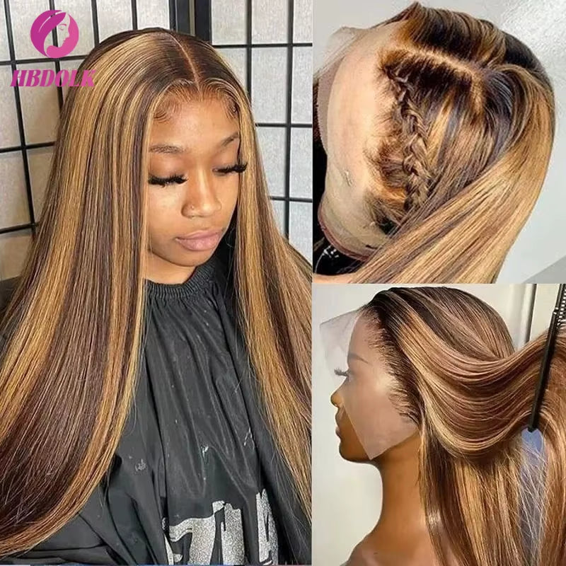 Ombre Honey Blonde 4/27 Highlight 5X5 13X4 Bone Straight Lace Front Wig Human Hair Pre Plucked with Baby Hair