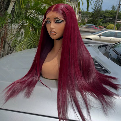 Straight 99J Burgundy Red Color Synthetic 13X4X1 HD Lace Frontal Wig for Women Prepucked Bleach Knots Glueless Wig Daily Party